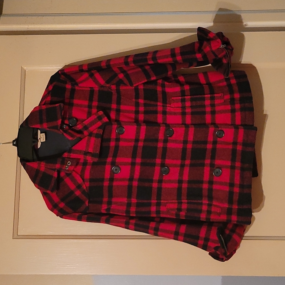 Woolrich ladies short red plaid button up jacket